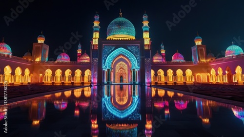 Illuminated Islamic Architecture at Night with Water Reflection Symmetry