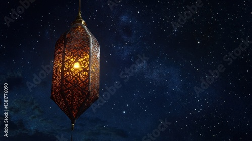 Obraz na płótnie Illuminated Lantern Hanging Against a Starry Night Sky Background w salonie