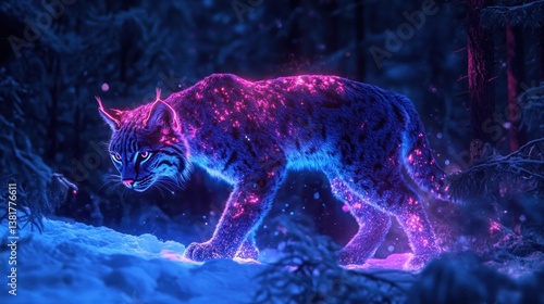 Obraz na płótnie Glowing Lynx Walking in Snowy Woods at Night with Purple Light w salonie