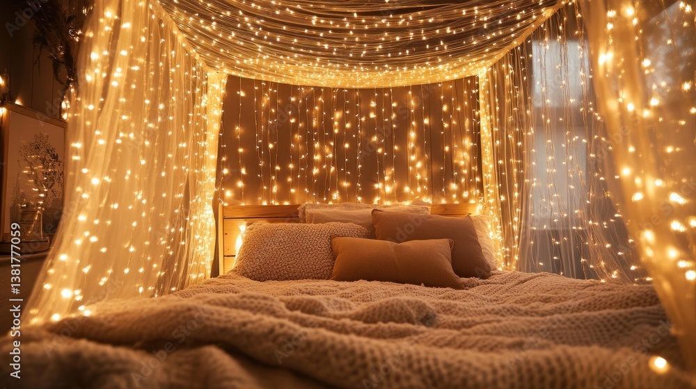 Comfortable Bed with Festive String Lights Creates a Cozy Atmosphere