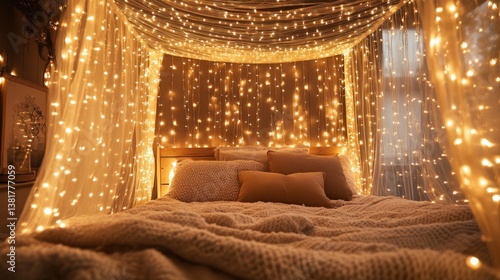 Obraz na płótnie Comfortable Bed with Festive String Lights Creates a Cozy Atmosphere w salonie