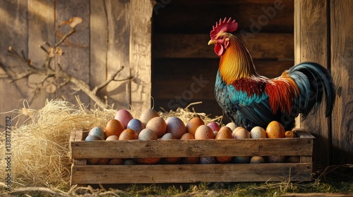 Colorful Rooster Guarding Eggs in Wooden Crate Near Wooden Structure