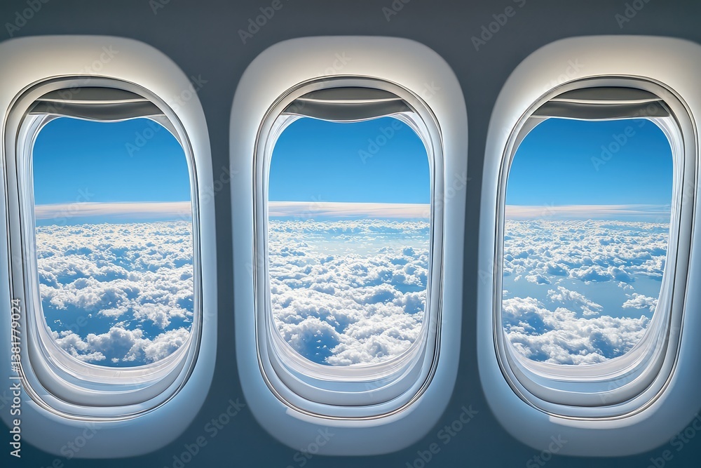 Fototapeta premium Airplane windows with view of vast sky from interior. AI generated illustration.