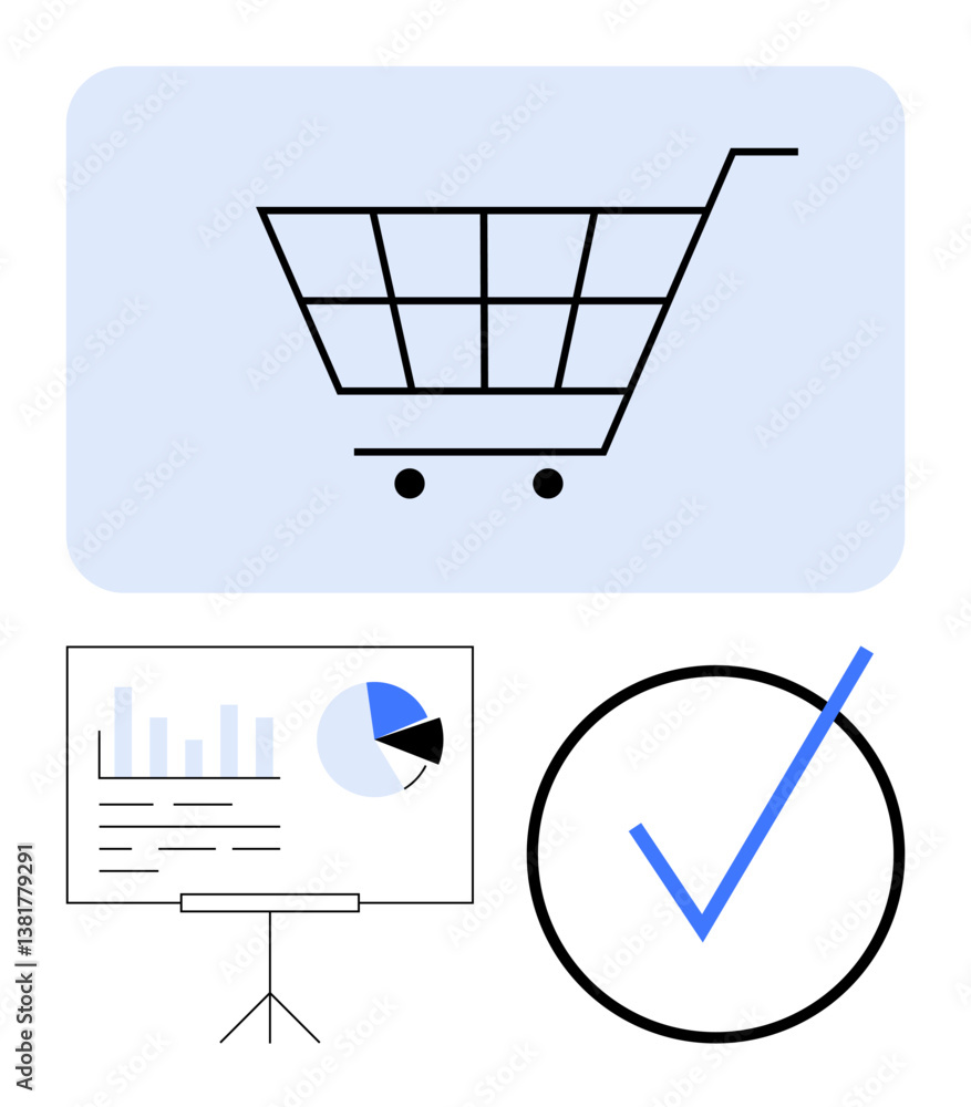 Shopping cart symbol, data chart presentation, and a large checkmark. Ideal for retail, analytics, shopping, e-commerce growth, marketing, decision-making success visualization flat simple metaphor Shopping cart symbol, data chart presentation, and a large checkmark. Ideal for retail, analytics, shopping, e-commerce growth, marketing, decision-making success visualization flat simple metaphor