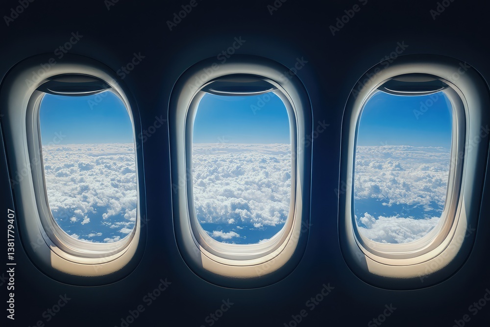 Fototapeta premium Airplane windows with view of vast sky from interior. AI generated illustration.