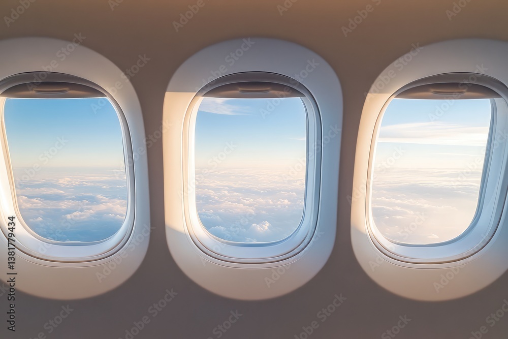 Fototapeta premium Airplane windows with view of vast sky from interior. AI generated illustration.