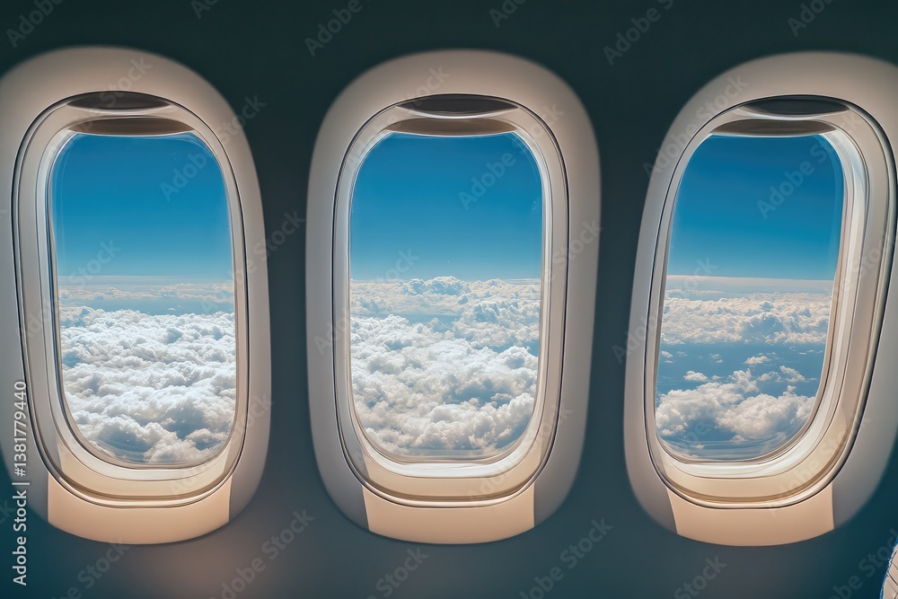Fototapeta premium Airplane windows with view of vast sky from interior. AI generated illustration.