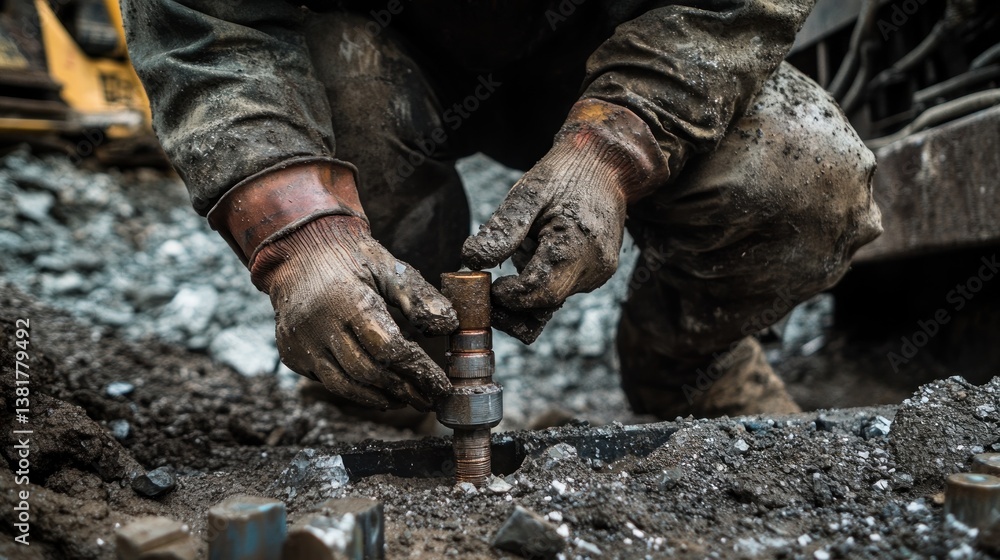 Worker Assembling Equipment with Gloved Hands in a Construction Site