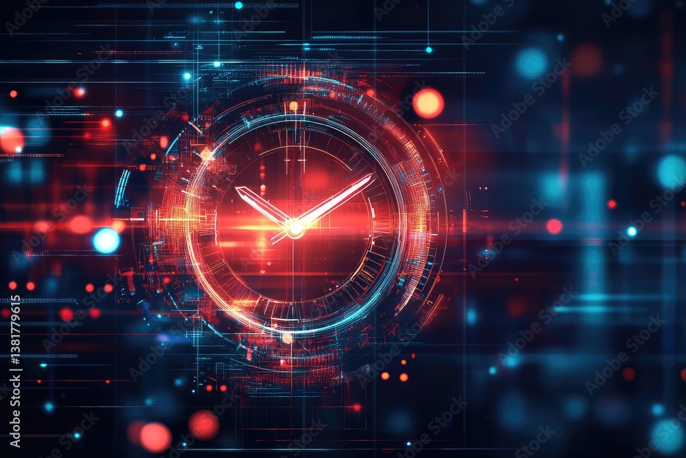 Obraz premium Timeline concept with clock on digital background. AI generated illustration.
