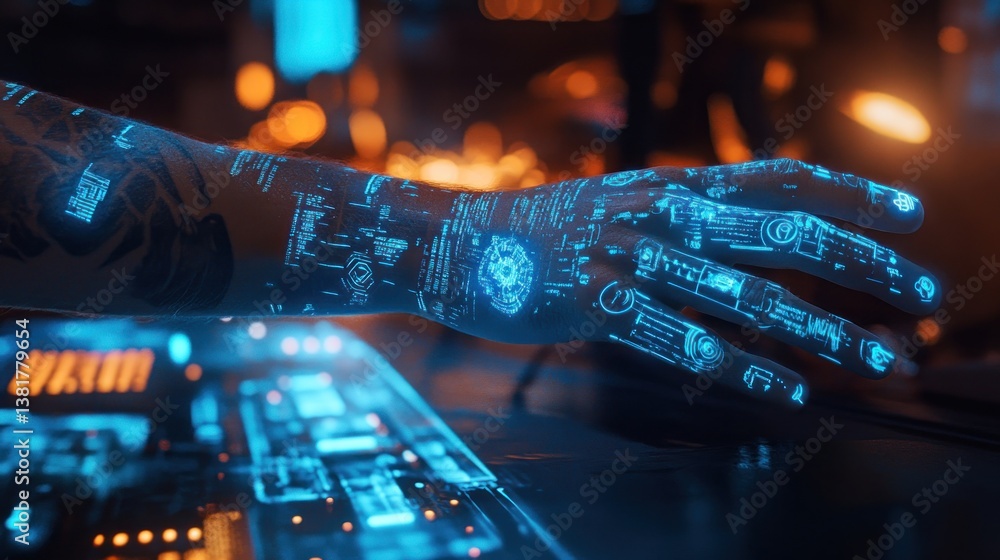 Human Hand with Digital Interface Overlay Reaching Towards Electronic Device