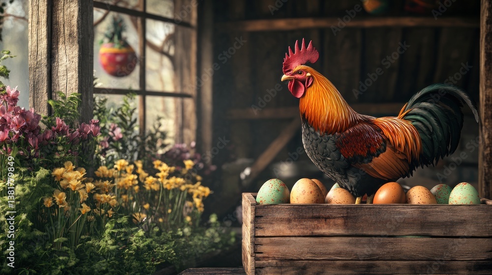 Rooster Stands Proudly Above Eggs in Rustic Wooden Box