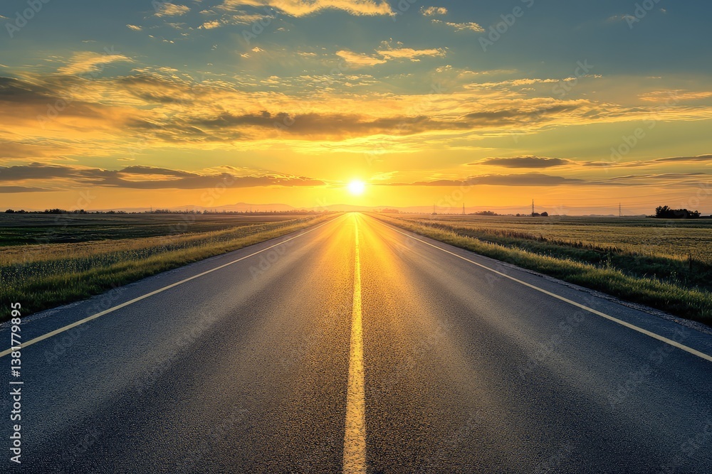 Deserted asphalt road with evening sun sky backdrop. AI generated illustration. Deserted asphalt road with evening sun sky backdrop. AI generated illustration.