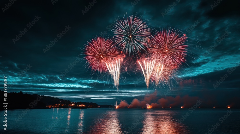 Watching Fireworks Exploding Over the Water During a Celebration at Night