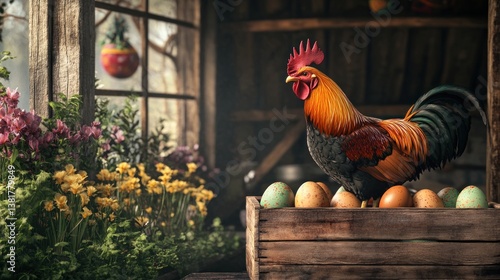 Obraz na płótnie Rooster Stands Proudly Above Eggs in Rustic Wooden Box w salonie