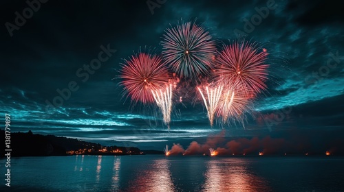 Watching Fireworks Exploding Over the Water During a Celebration at Night