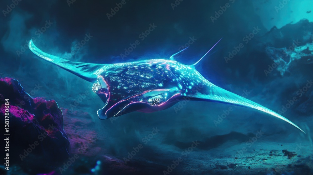 Glowing Manta Ray Floating in Deep Blue Ocean Waters