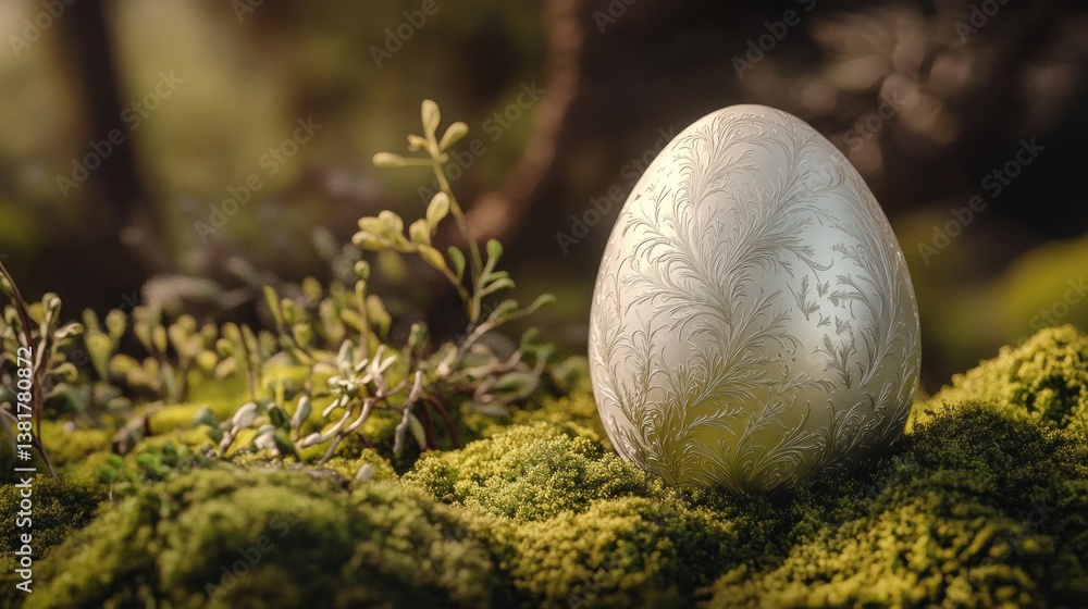 Decorated Egg Resting on Mossy Ground in a Natural Setting