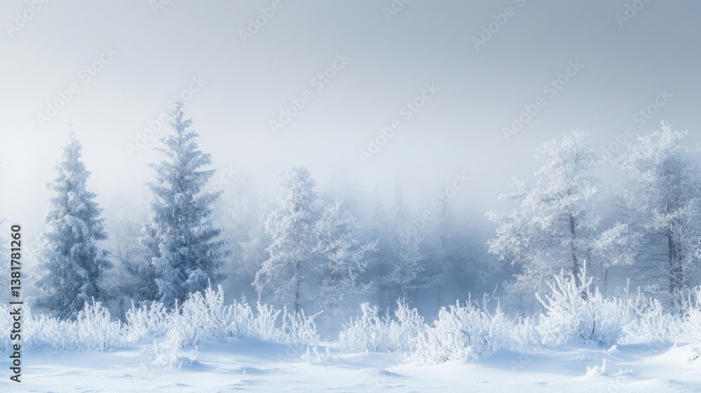 Snow Covered Forest on a Foggy Day Winter Landscape