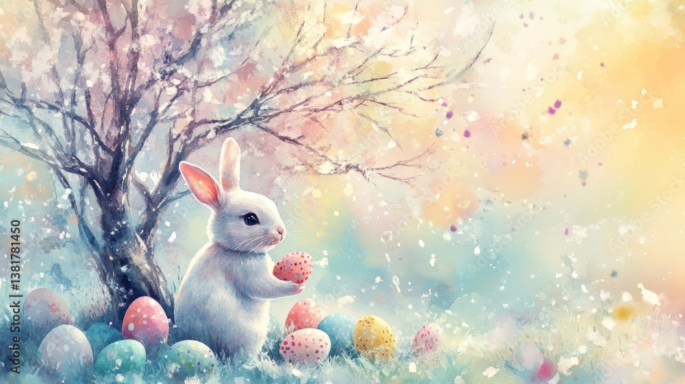 Cute Rabbit Holding Egg Beside Decorated Eggs Under Blooming Tree