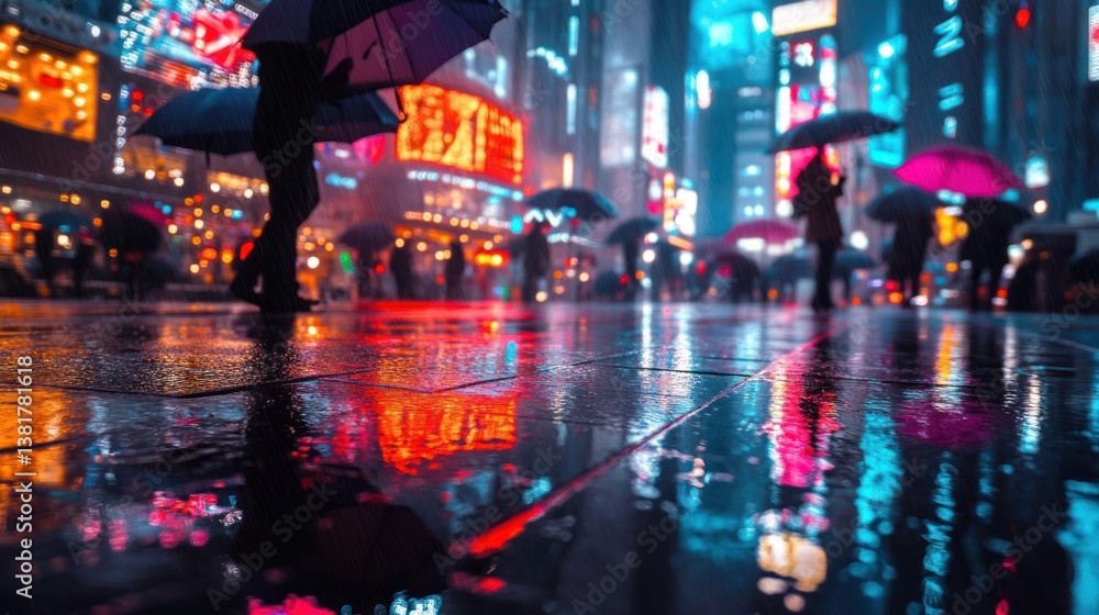 Walking Under Umbrellas on a Rainy City Street with Neon Reflections