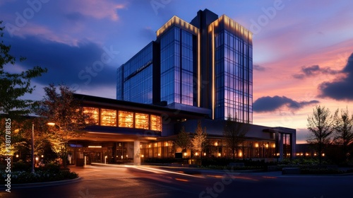 Obraz na płótnie Modern Hotel Exterior at Twilight with Warm Lights and Colorful Sky w salonie