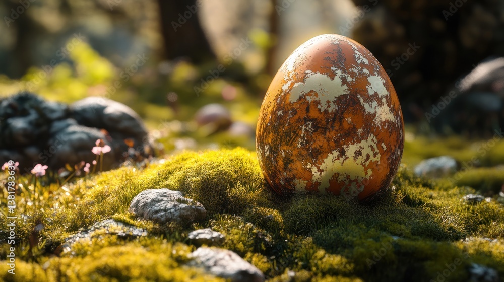 Speckled Egg Resting on Mossy Ground in Forest Sunlight