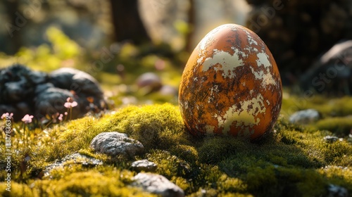 Obraz na płótnie Speckled Egg Resting on Mossy Ground in Forest Sunlight w salonie