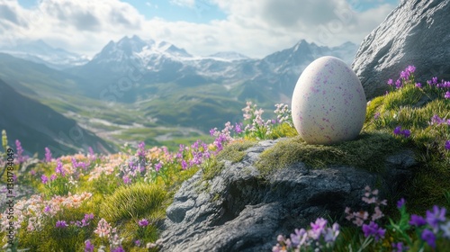 Obraz na płótnie Speckled Egg Resting on Mountain Rock Among Flowers in Landscape w salonie