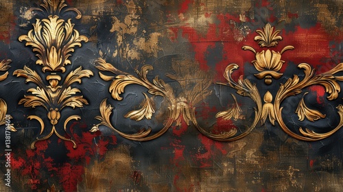 18th century Chinese wallpaper. pattern. architecture. red gold and black