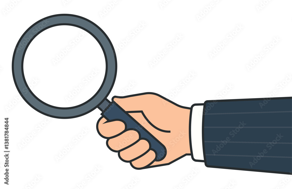 The hand is holding a magnifying glass. Single element of food safety concept. Vector illustration. stock illustration The hand is holding a magnifying glass. Single element of food safety concept. Vector illustration. stock illustration