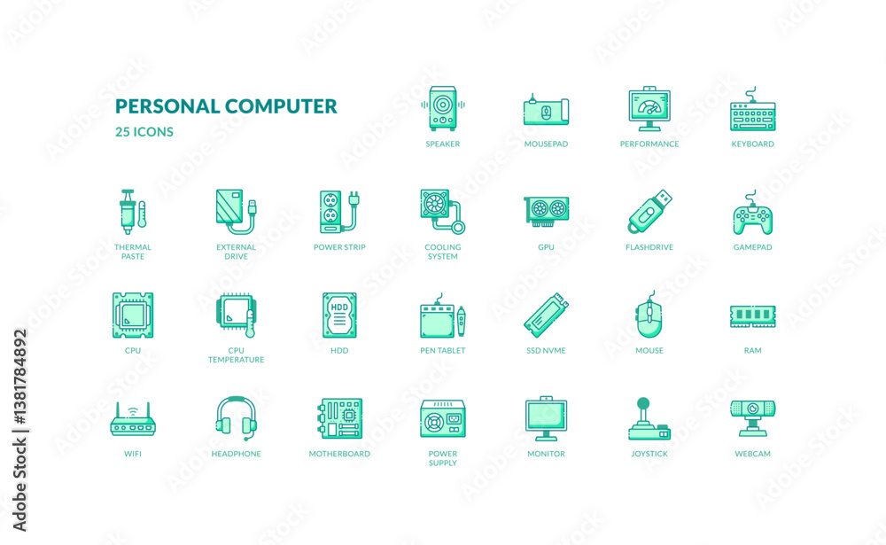 personal computer and peripheral electronic for office or gaming pc green filled line icon set personal computer and peripheral electronic for office or gaming pc green filled line icon set