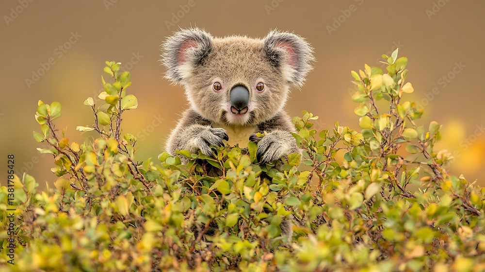 Fototapeta premium A cute fluffy koala bear peeking out from green leafy bushes