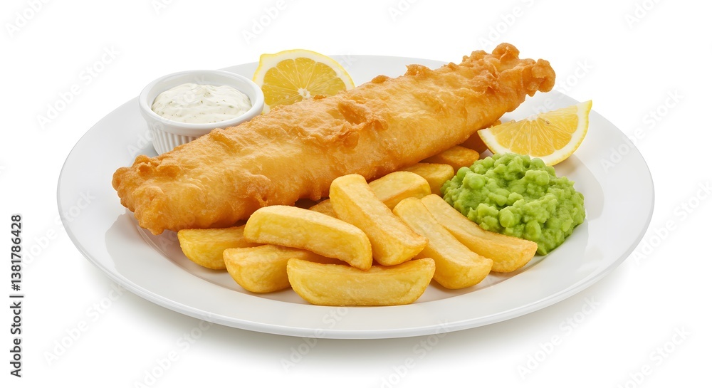 Classic seafood meal of fried fish with chips, served on a white plate accompanied by mushy peas, tartar sauce and sliced lemon wedges. Classic seafood meal of fried fish with chips, served on a white plate accompanied by mushy peas, tartar sauce and sliced lemon wedges.