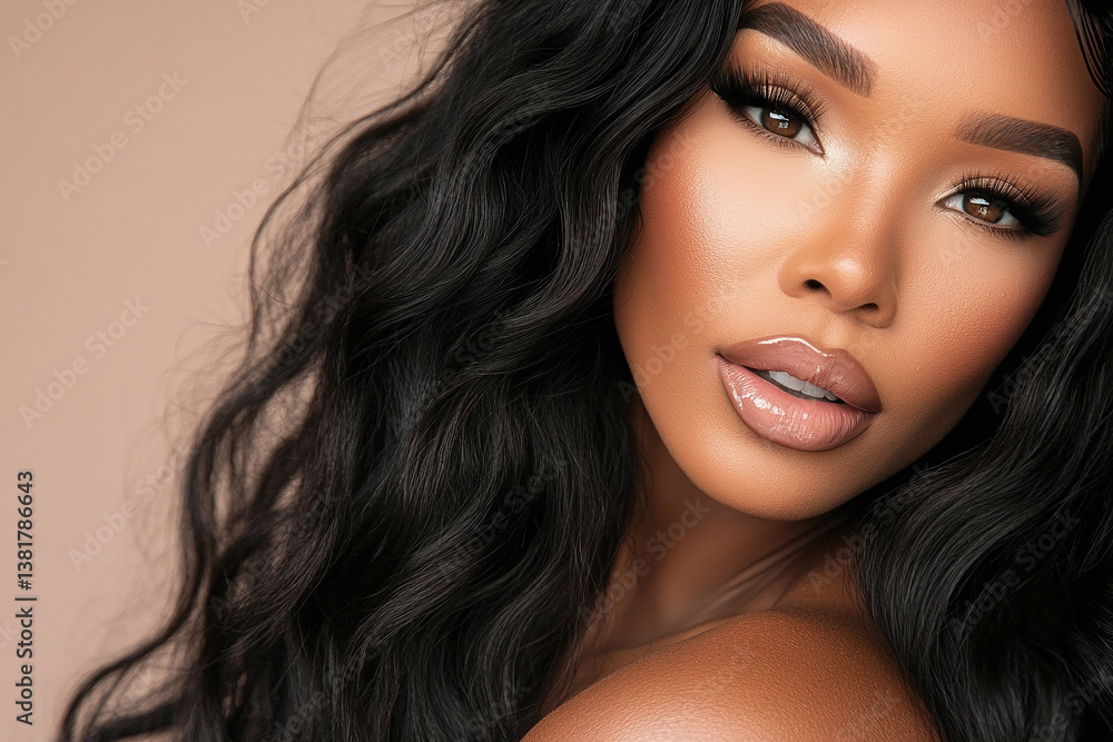 Naklejka premium Elegant Brunette Woman with Long Wavy Black Hair and Glamorous Makeup