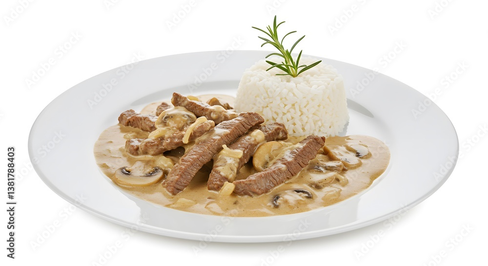 Beef Stroganoff dish featuring tender beef strips in a creamy mushroom sauce, paired with fluffy rice and garnished with rosemary. Beef Stroganoff dish featuring tender beef strips in a creamy mushroom sauce, paired with fluffy rice and garnished with rosemary.