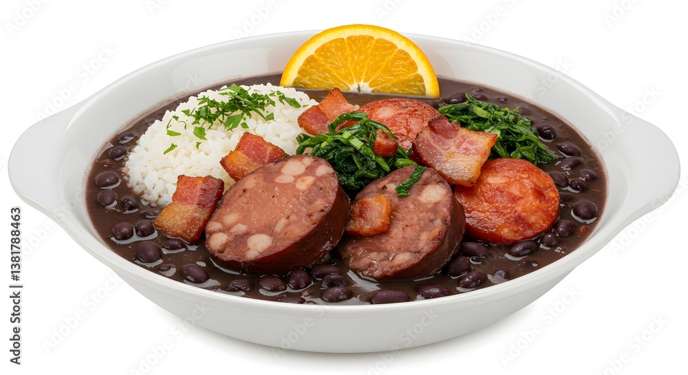 Delicious and hearty black bean stew featuring various meats, rice, greens, and a slice of orange, all served in a white ceramic bowl. Delicious and hearty black bean stew featuring various meats, rice, greens, and a slice of orange, all served in a white ceramic bowl.