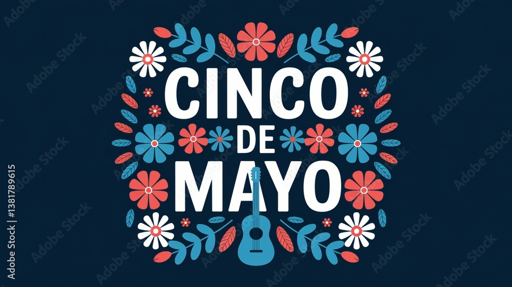 Festive Cinco de Mayo Design Floral Frame Guitar and Celebratory Text Festive Cinco de Mayo Design Floral Frame Guitar and Celebratory Text