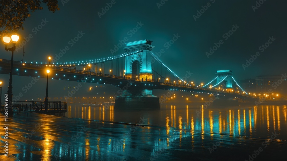 Fototapeta premium Illuminated Suspension Bridge at Night with Reflections on Water and Streetlights
