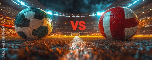 Euro 2025 Soccer Match Turkey vs Italy Soccer Balls with National Flags in Stadium at Night