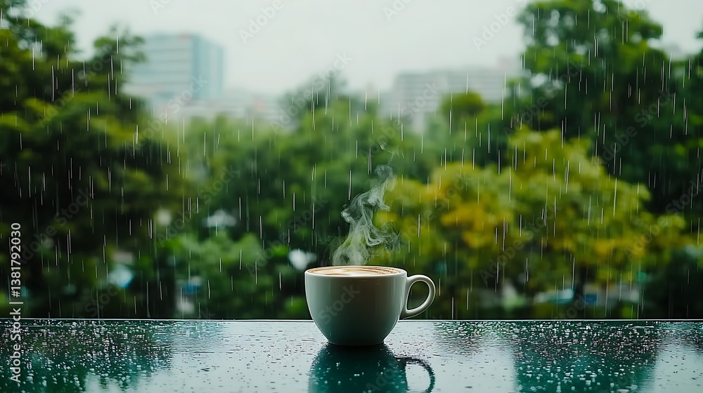 A steaming cup of coffee enjoyed during a rainy day A steaming cup of coffee enjoyed during a rainy day