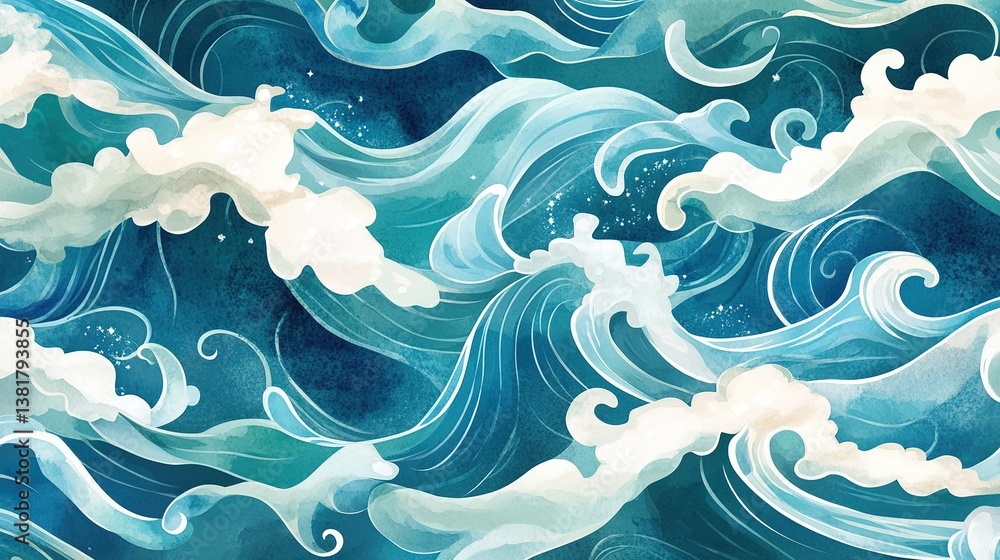 Dynamic aquatic patterns depicting turbulent ocean waves with stylized design Dynamic aquatic patterns depicting turbulent ocean waves with stylized design