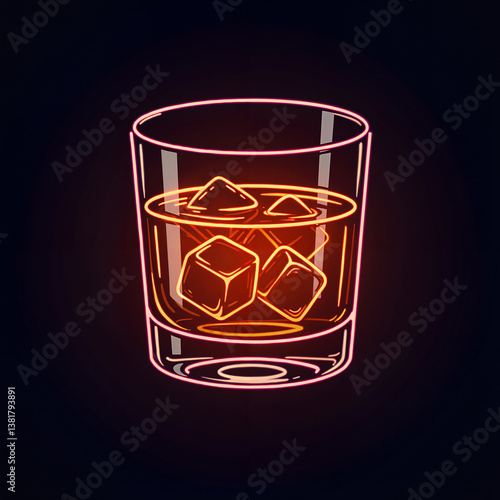 Neon whiskey glass with ice on a dark background  