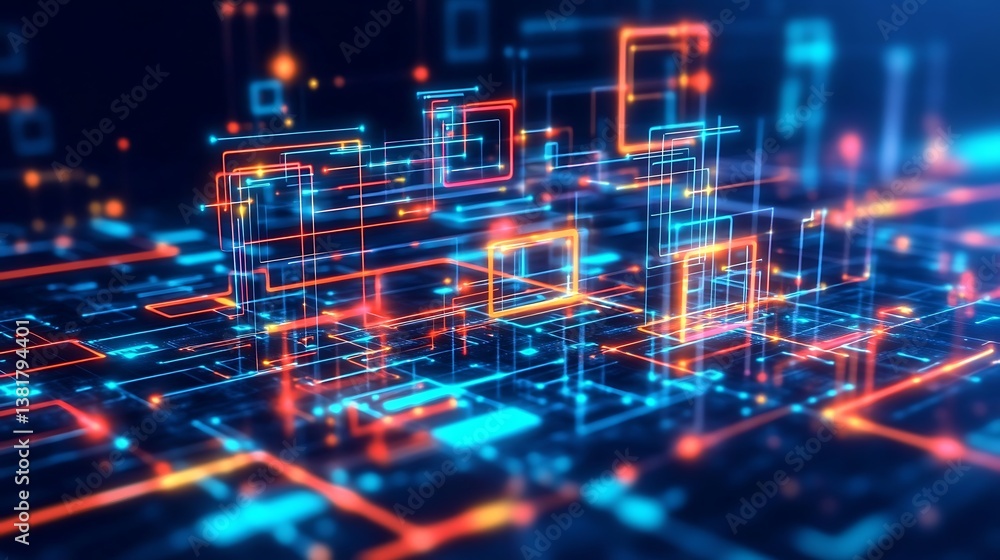 Fototapeta premium Glowing digital network, complex circuitry, abstract, interconnected glowing lines. Futuristic design