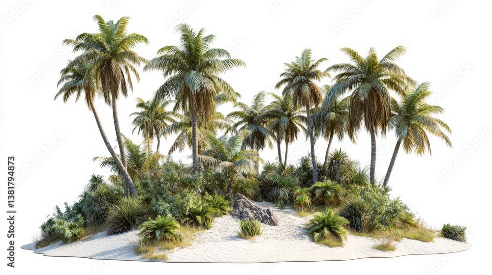 Fototapeta premium Tropical island with palm trees on a white background, hyper-realistic and intricately detailed, featuring dynamic lighting and sharp focus, in a vibrant style.