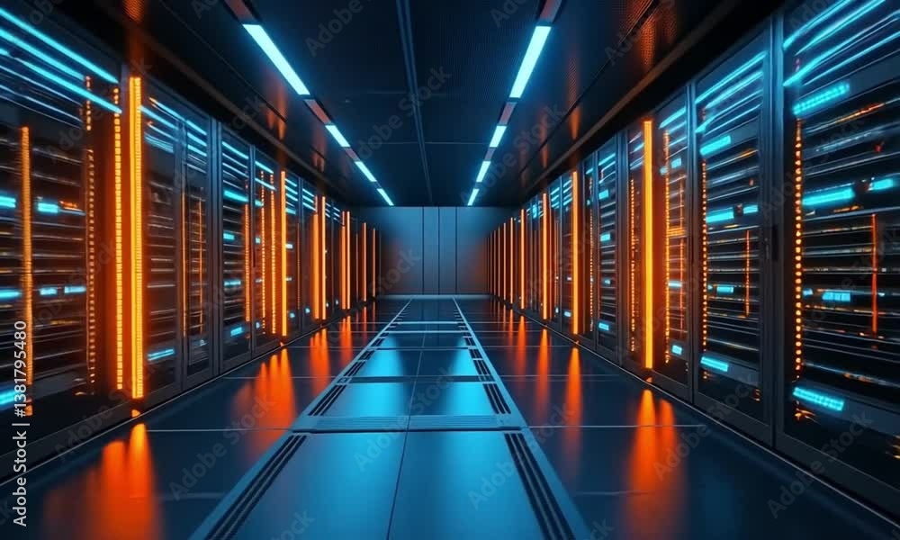 Neon-lit Server Room: A Futuristic Data Center Corridor Neon-lit Server Room: A Futuristic Data Center Corridor