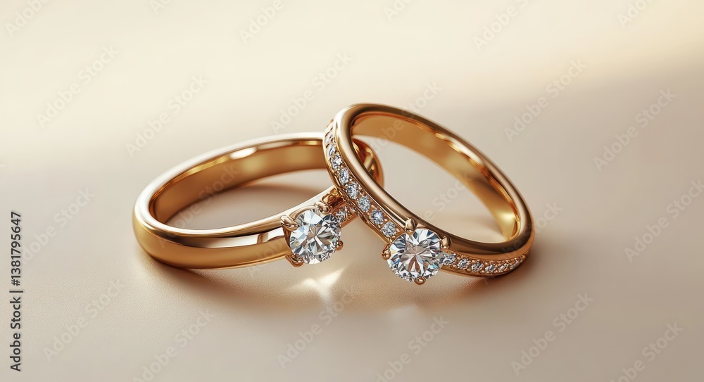 Elegant Gold Diamond Couple Rings on Glossy Beige Background 3D Rendering Elegant Gold Diamond Couple Rings on Glossy Beige Background 3D Rendering