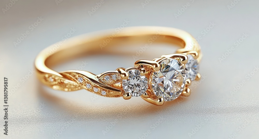 Gold Engagement Ring with Three Diamonds Close-Up Photorealistic 3D Rendering on White Background Gold Engagement Ring with Three Diamonds Close-Up Photorealistic 3D Rendering on White Background