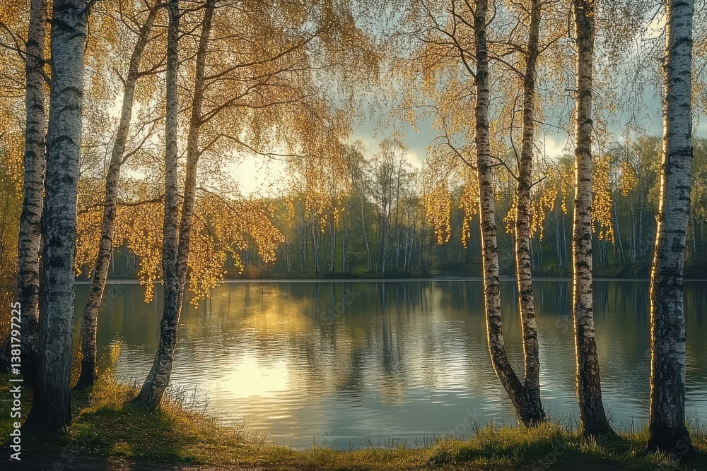 Serene Spring Sunrise Over a Birch Tree Pond with Golden Sunlight Reflection Serene Spring Sunrise Over a Birch Tree Pond with Golden Sunlight Reflection