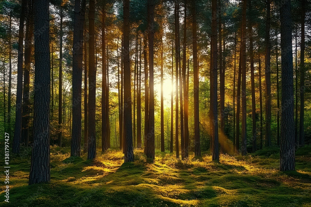 Obraz premium Sunlight filtering through tall pine trees illuminating green foliage in a serene spring forest scene