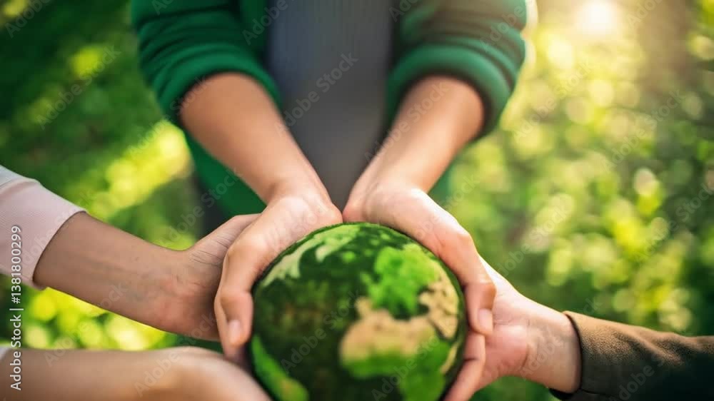 Hands holding a green earth globe against a blurred green background in a concept of togetherness